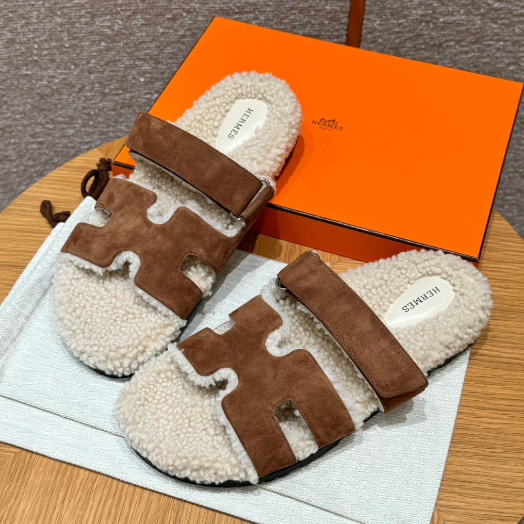 Hermes Chypre Men's And Women's Spring/Fall Fashion Casual Suede Shearling Flip Flop Sandals Shoes #78741