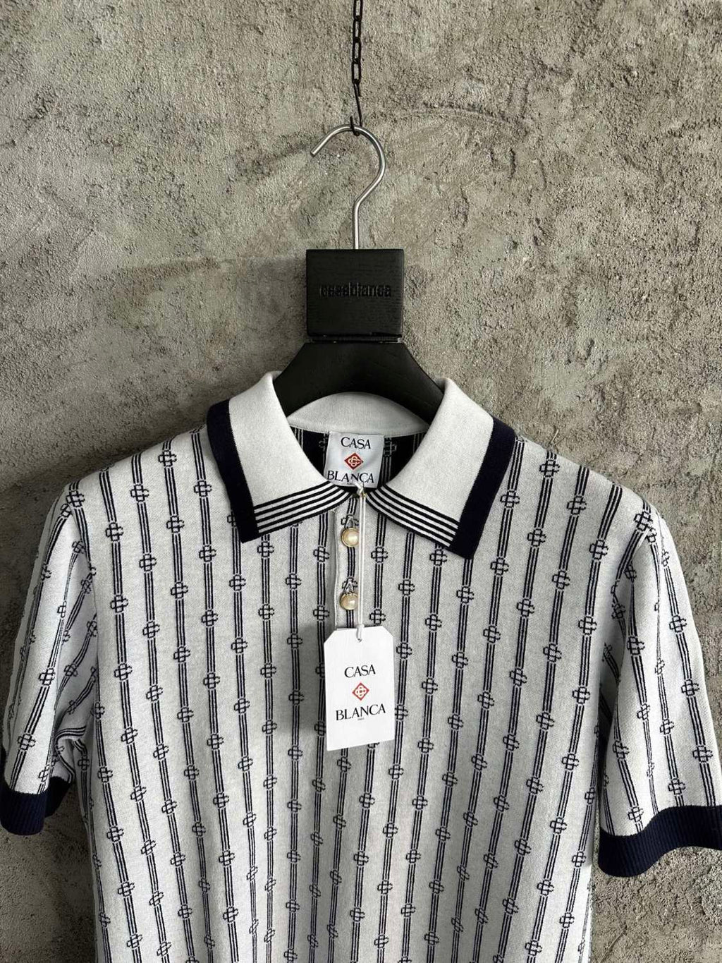 Casablanca Men's And Women's Summer Fashion Casual Collared Letter Combination Striped Knitted Polo Shirt Short Sleeved T-Shirt #78332