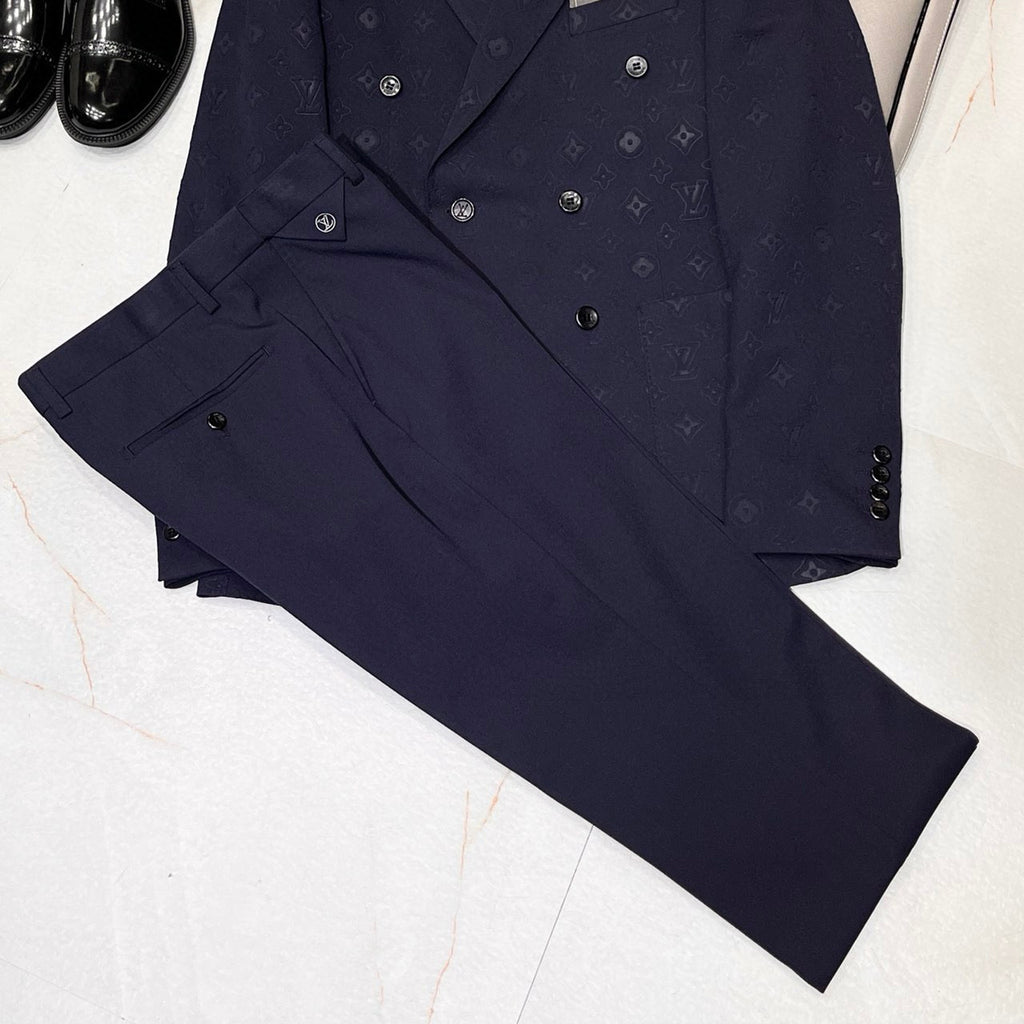Louis Vuitton Men's Spring And Autumn Embossed Monogram Double Breasted Lapel Long sleeved Black Blazer Jacket #98638