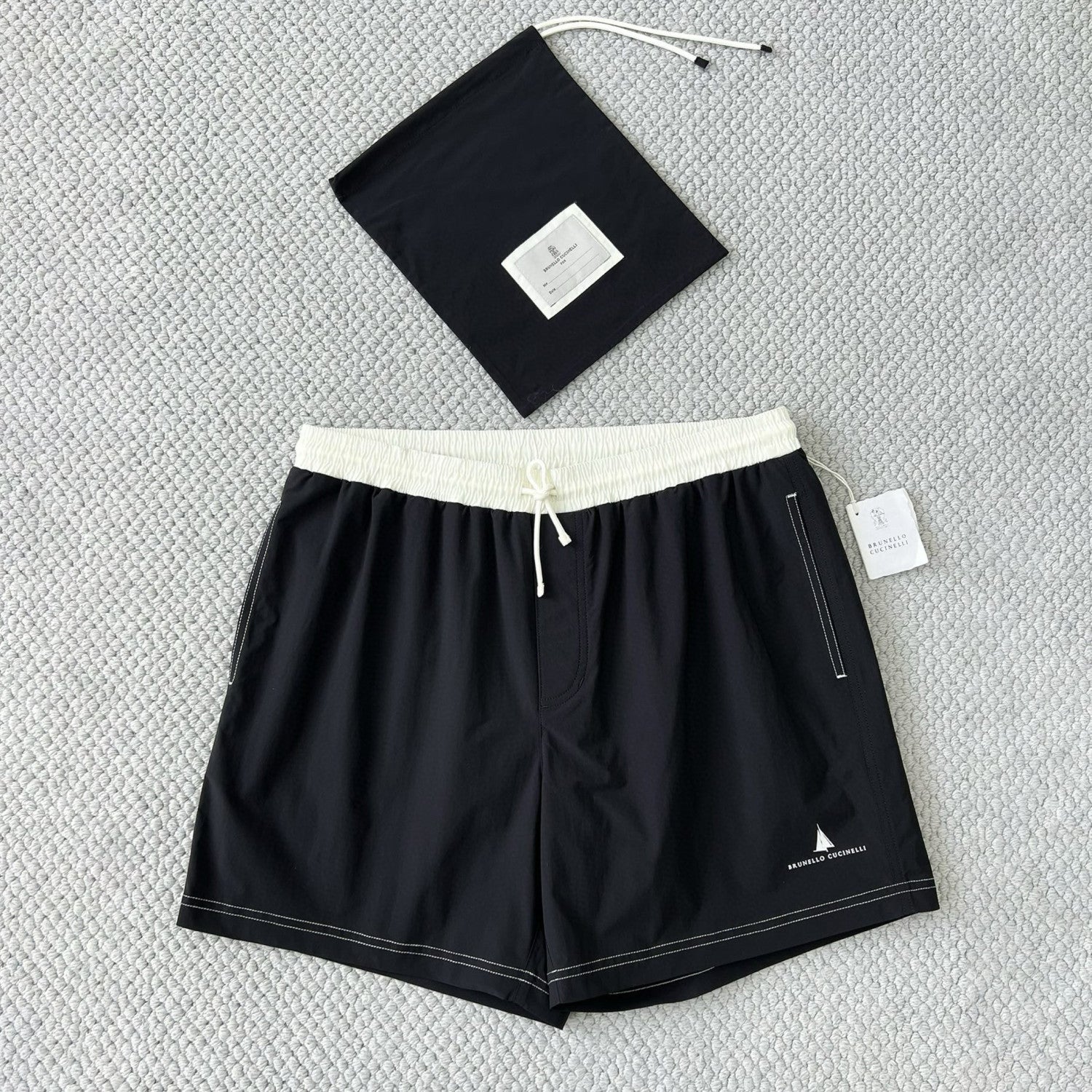 Brunello Cucinelli  Nylon Swim Shorts With Contrast Details And Print Men's Spring Summer Holiday Beach Shorts Colour Block Fashion Casual Pants #77277