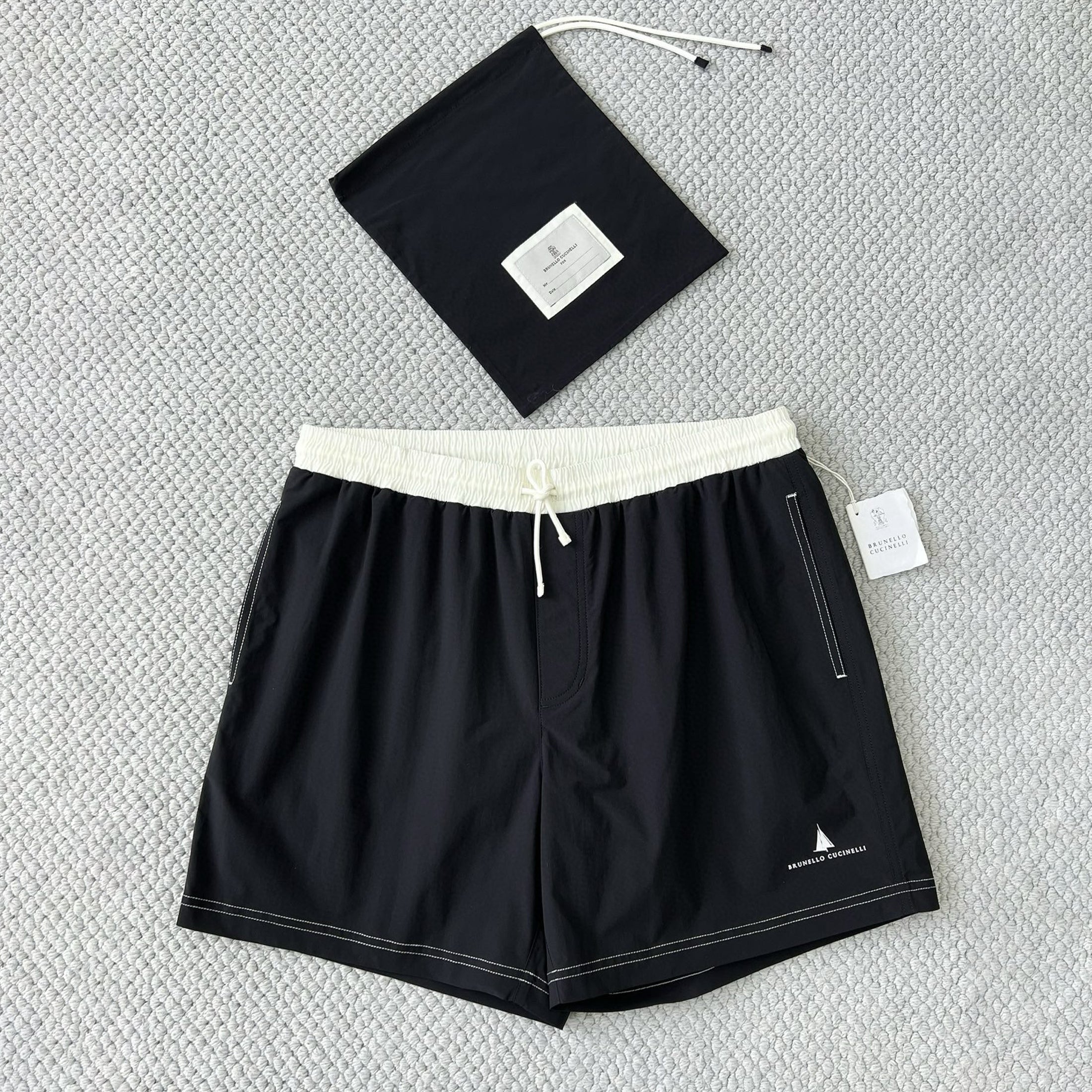 Brunello Cucinelli  Nylon Swim Shorts With Contrast Details And Print Men's Spring Summer Holiday Beach Shorts Colour Block Fashion Casual Pants #77277