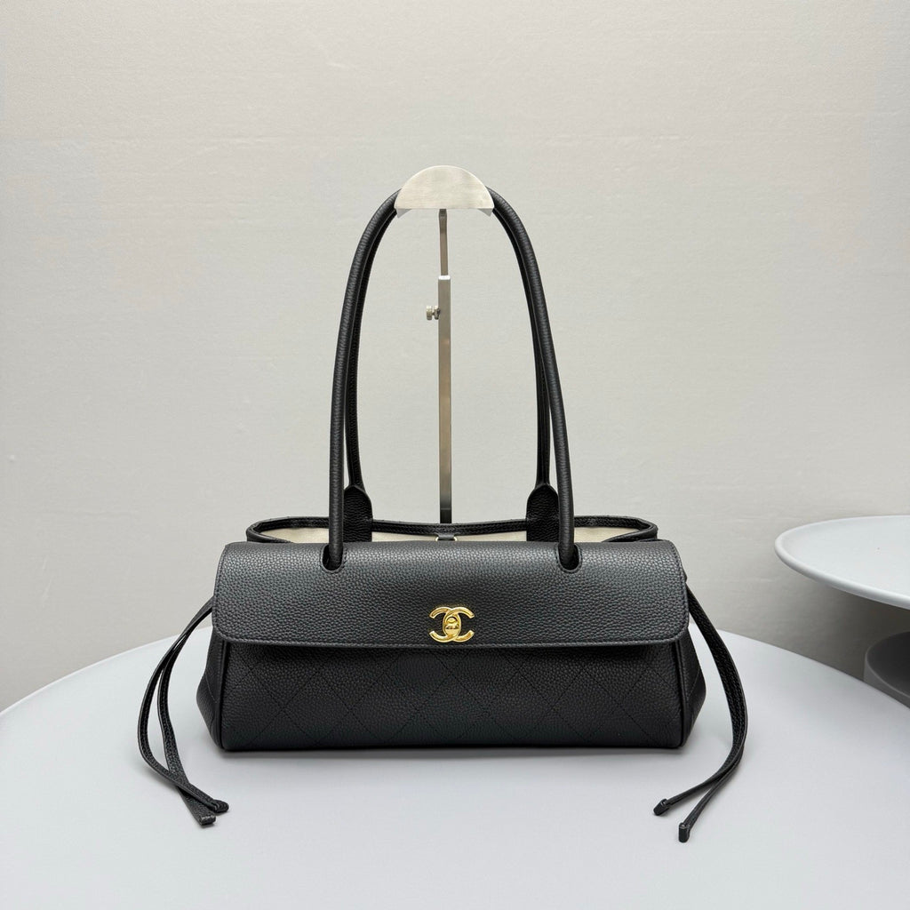 Chanel Small Shopping Bag Grained Calfskin Gold-tone Metal Black #380058