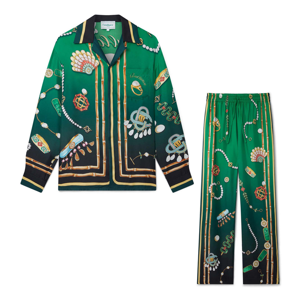 Casablanca Men's Summer Green Pattern Printed Single Breasted Long Sleeve Shirt Loose Wide Leg Casual Pants Set Suit #72295