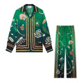 Casablanca Men's Summer Green Pattern Printed Single Breasted Long Sleeve Shirt Loose Wide Leg Casual Pants Set Suit #72295