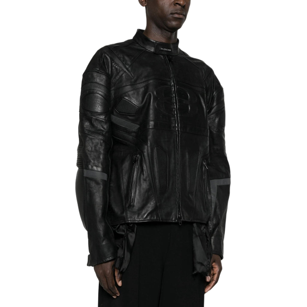 Balenciaga Men's Fall And Winter Black Round Neck Zipper Closure Regular Fit Long Sleeve Leather Jacket #73673
