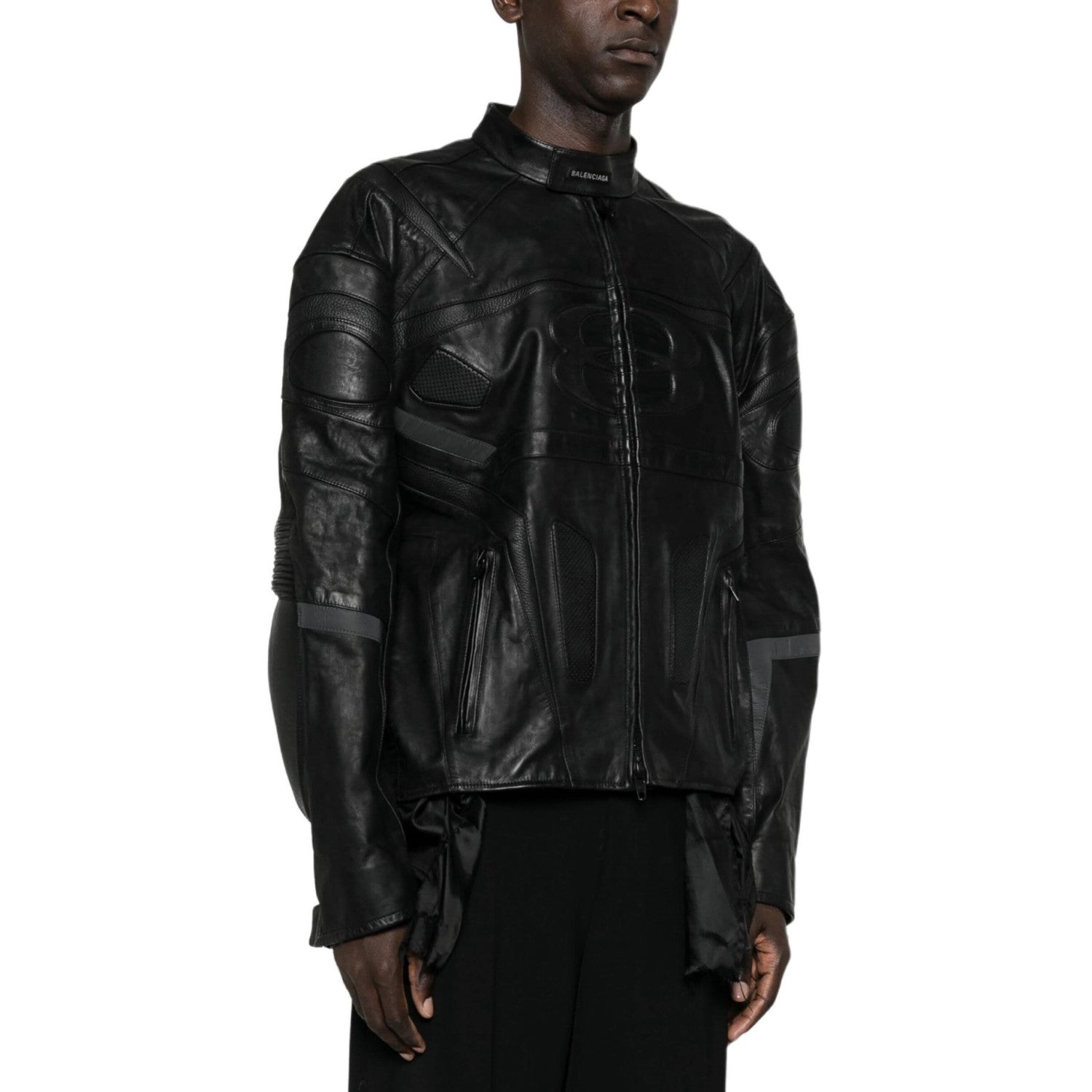 Balenciaga Men's Fall And Winter Black Round Neck Zipper Closure Regular Fit Long Sleeve Leather Jacket #73673