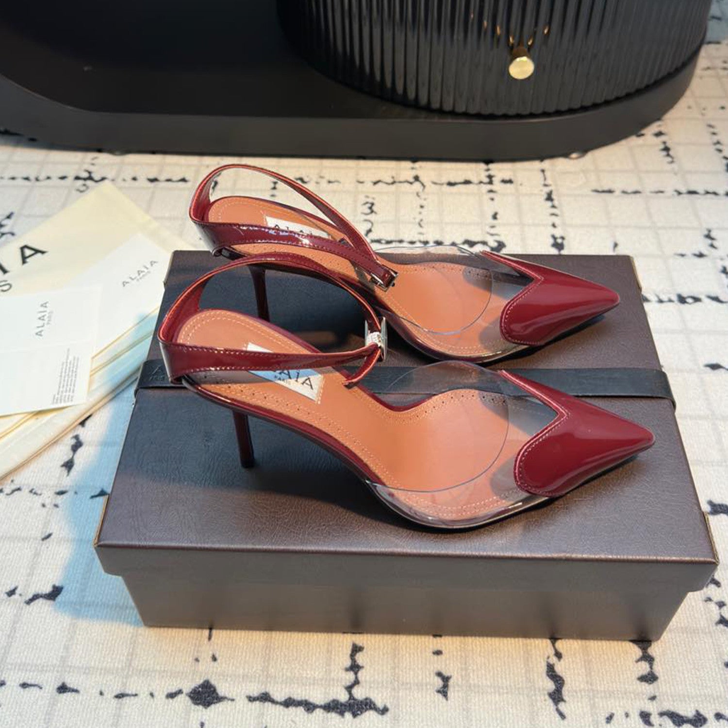 Alaia Women's  High Love Fine Heel Sandals Patent Leather Cowhide Fashion Elegant High Heel Leather Bottom High Heel Shoes #81433