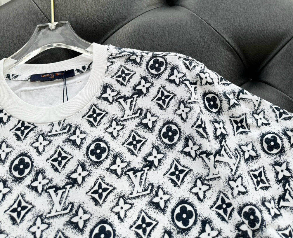 Louis Vuitton Men's Summer Logo Full Print Casual Crew Neck Cotton Short Sleeve T-Shirt #227807