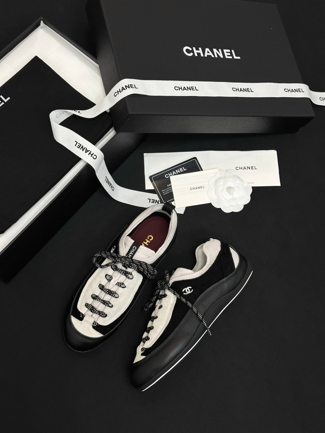CHANEL Sneakers Velvet Calfskin Mixed Fibers Black White #386505