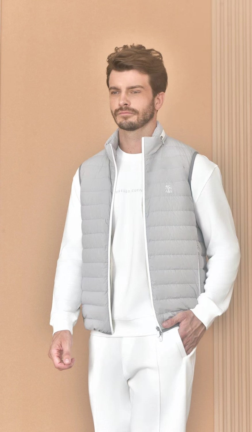 Brunello Cucinelli Men's Logo Embroidered High Neck Zipper Solid Color Fitted Straight Sleeveless Down Vest Ngvp #9665