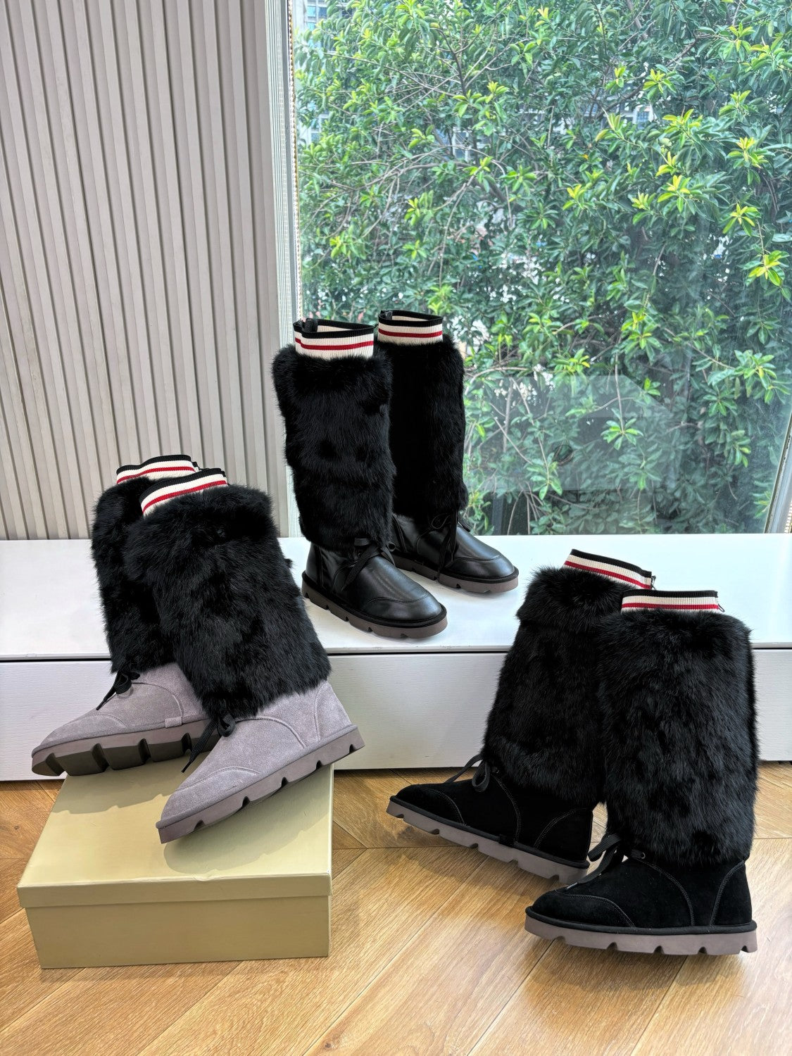Brunello Cucinelli Women's Fall/Winter Suede Cowhide Rabbit Fur Round-Toe Zipper Lined Lamb Wool High-Top Boots Casual Solid-Color Snow Boots Shoes #81588