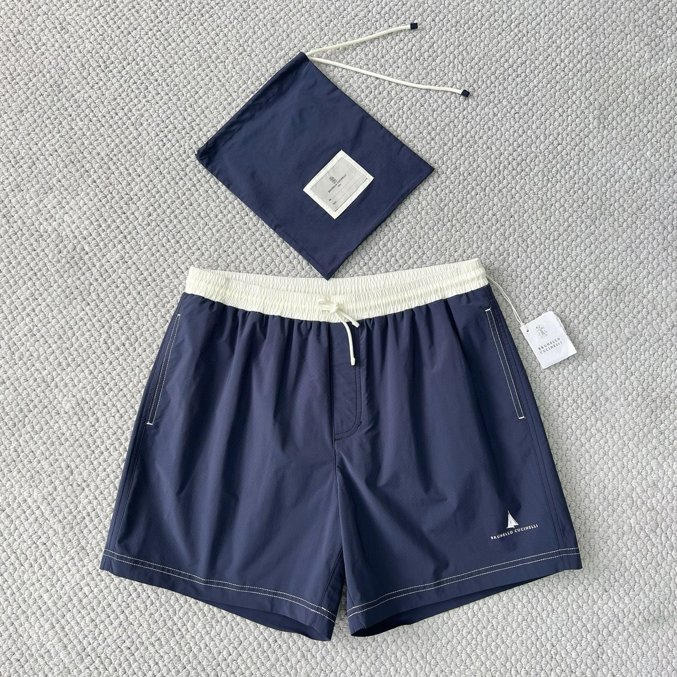 Brunello Cucinelli  Nylon Swim Shorts With Contrast Details And Print Men's Spring Summer Holiday Beach Shorts Colour Block Fashion Casual Pants #77277