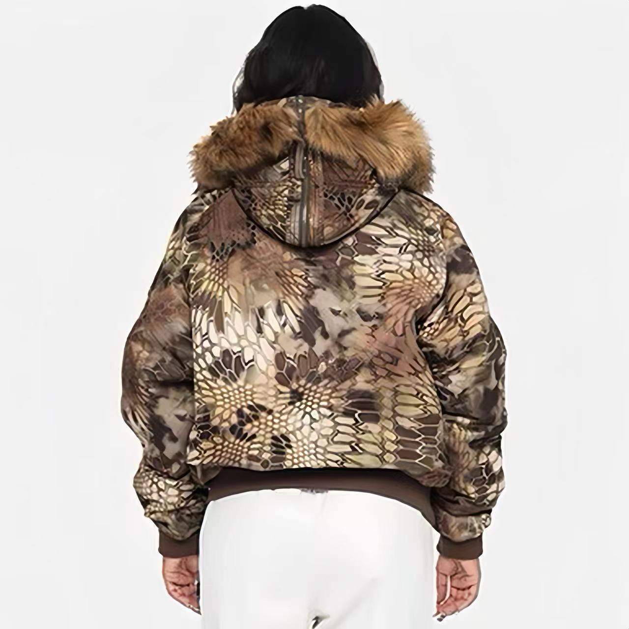 Stussy Men's And Women's Fall And Winter Fashion Python Print Hooded Fur Collar Short Jacket Casual Thickened Jacket Ngvp #7653