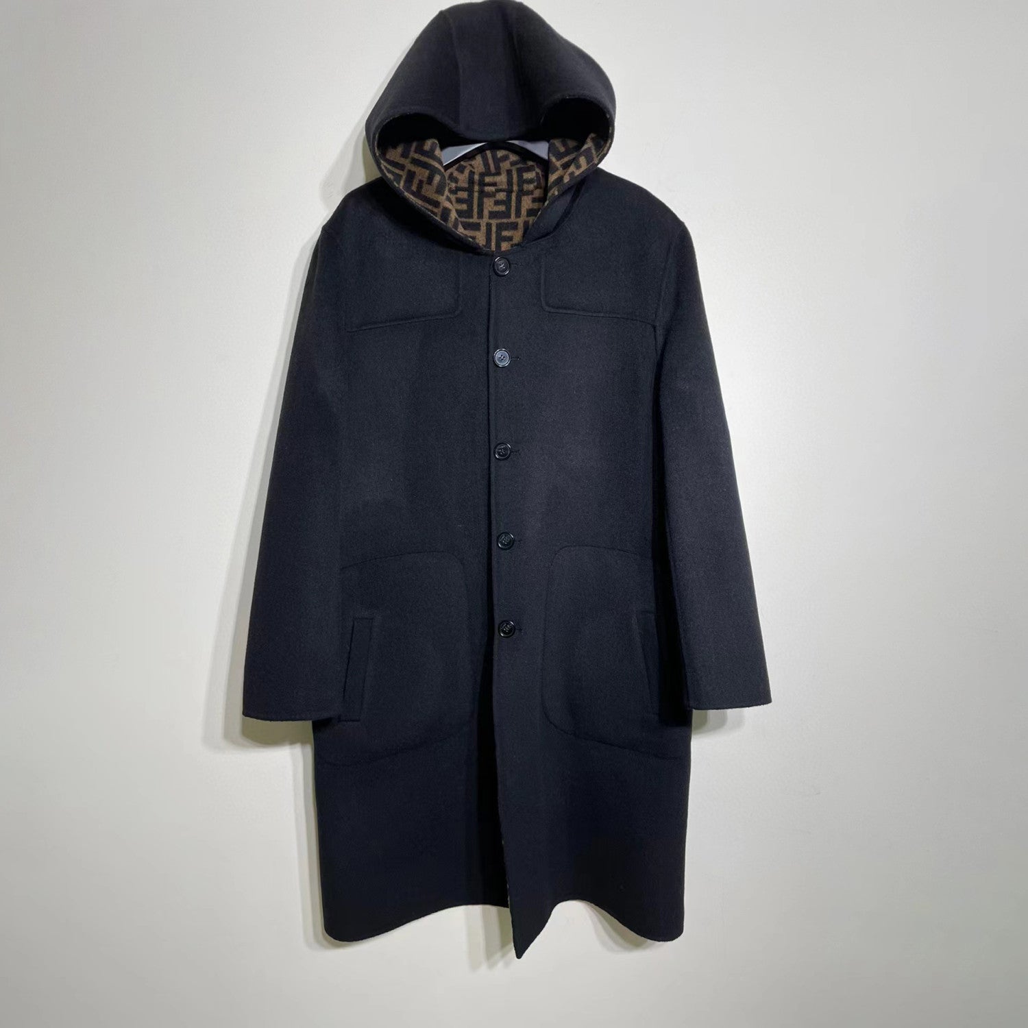 FENDI Woolen Double-Sided Hooded Full-Printed Coat Jacket  #3715