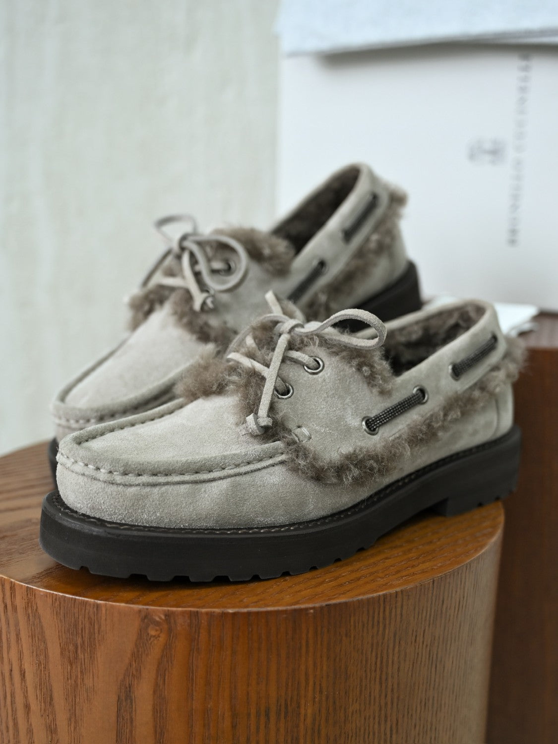 Brunello Cucinelli Bead Embellished Shearling Trimmed Suede Loafers #333658