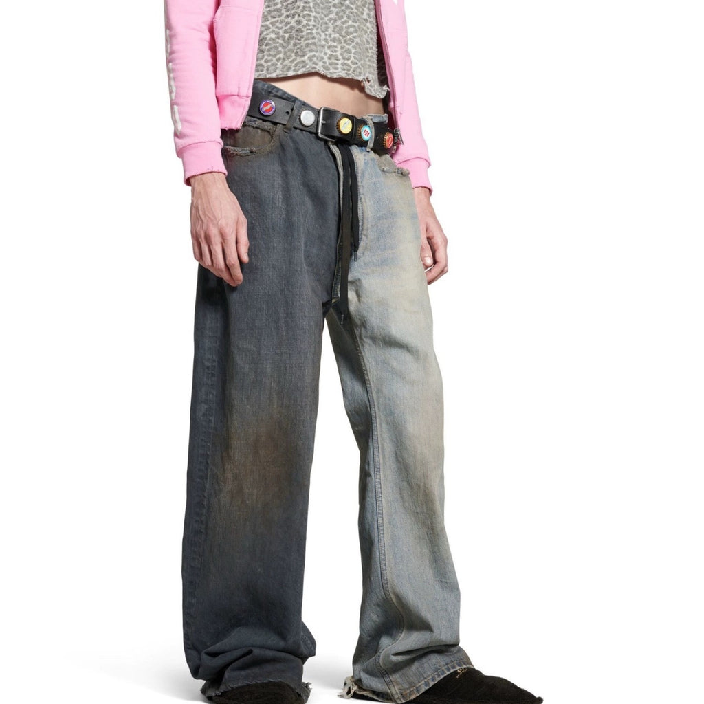 Balenciaga Men's Women's Colorblocking Denim Patchwork Old Damage Casual Loose Straight Leg Lace-Up Pants Ngvp #1818