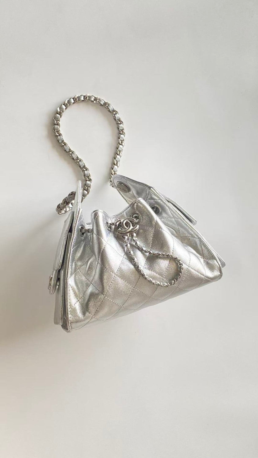 Chanel 25 Women's Mini Handbag Metallic Grained Embossed Calfskin And Silver Metal Silver #332929