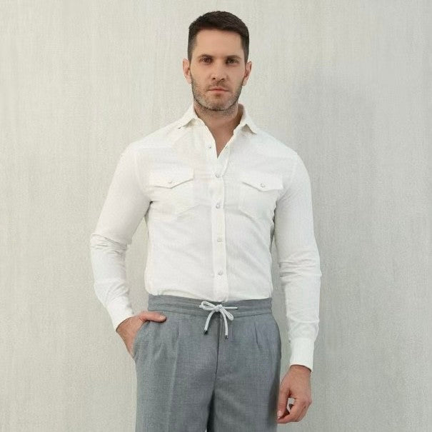 Brunello Cucinelli Men's Spring And Fall Cotton Lapel Solid Color Single-Breasted Chest Pocket Long Sleeve Fitted Shirt Ngvp #1557