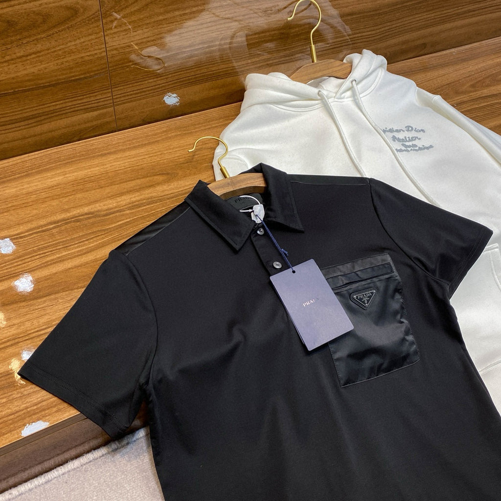 Prada Men's Summer Black Triangle Label Pocket Polo Neck Cotton Short Sleeve T-Shirt #74815