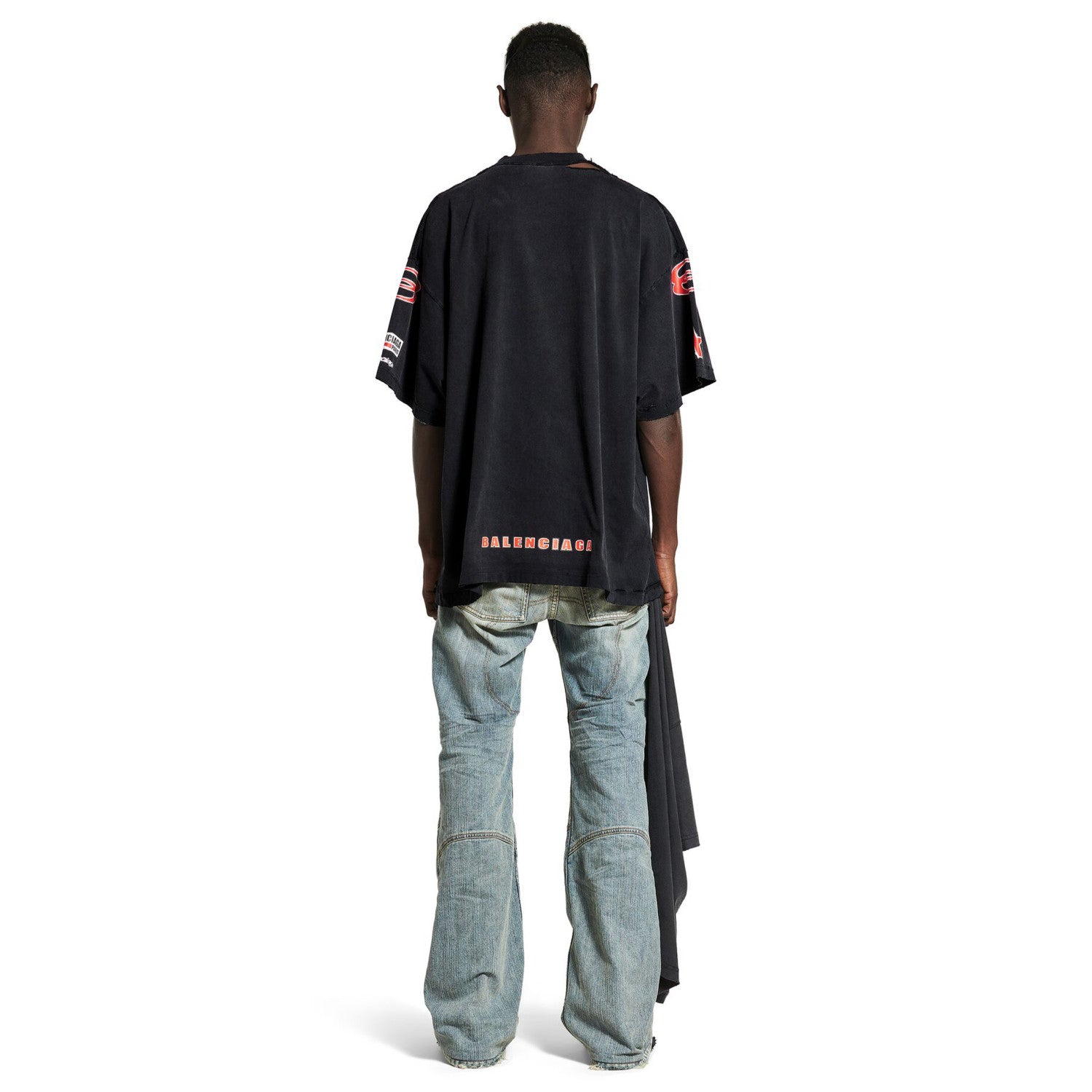 Balenciaga Men's Summer Sponsor Logos Faded Washed Black Silhouette T-shirt Straight Drawstring Casual Shorts Suit Set #81248
