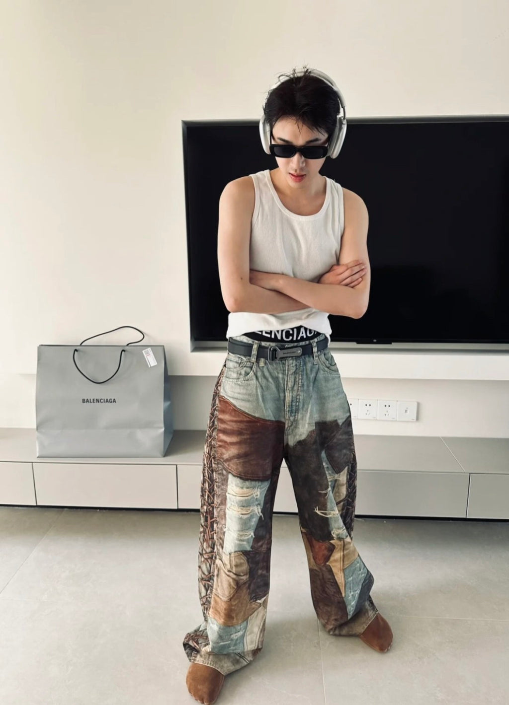 Acne Studios Men's Four Seasons Vintage Mud Dye Spliced Printed Loose Cotton Mid Waist Wide Leg Denim Pants Ngvp #8369