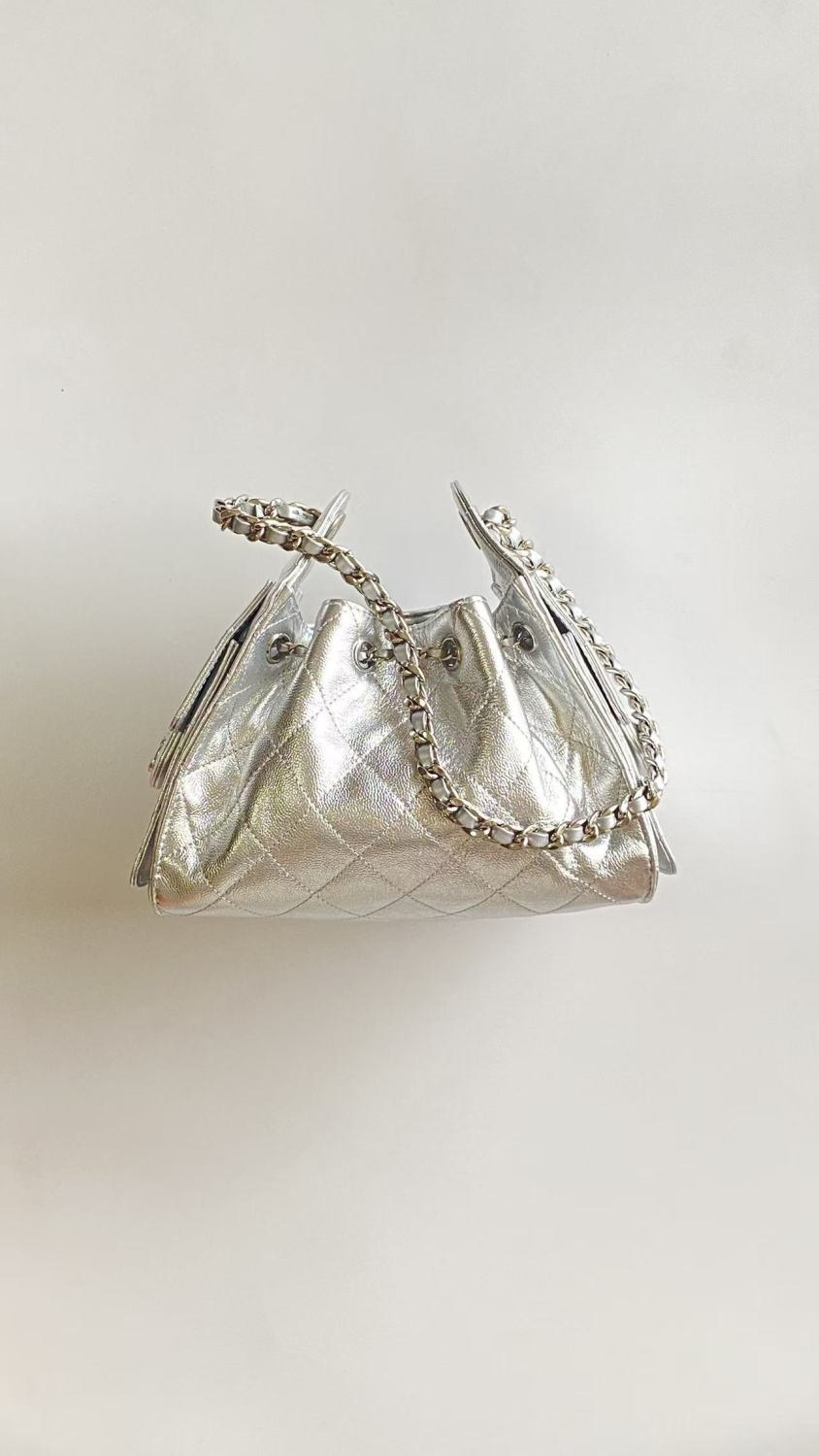 Chanel 25 Women's Mini Handbag Metallic Grained Embossed Calfskin And Silver Metal Silver #332929