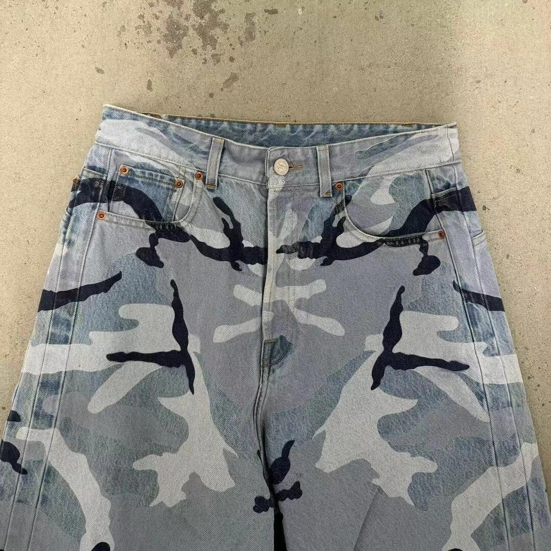 Vetements Men's Four Seasons Fashion Snow Camouflage Blue Casual Button Fitted Straight Leg Denim Pants Ngvp #8643