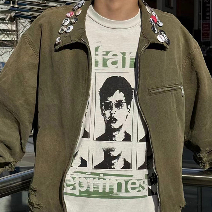 Enfants Riches Deprimes Men's Women's Spring And Autumn Lapel Faded Old Badge Solid Color Loose Long Sleeve Workwear Jacket Ngvp #9338