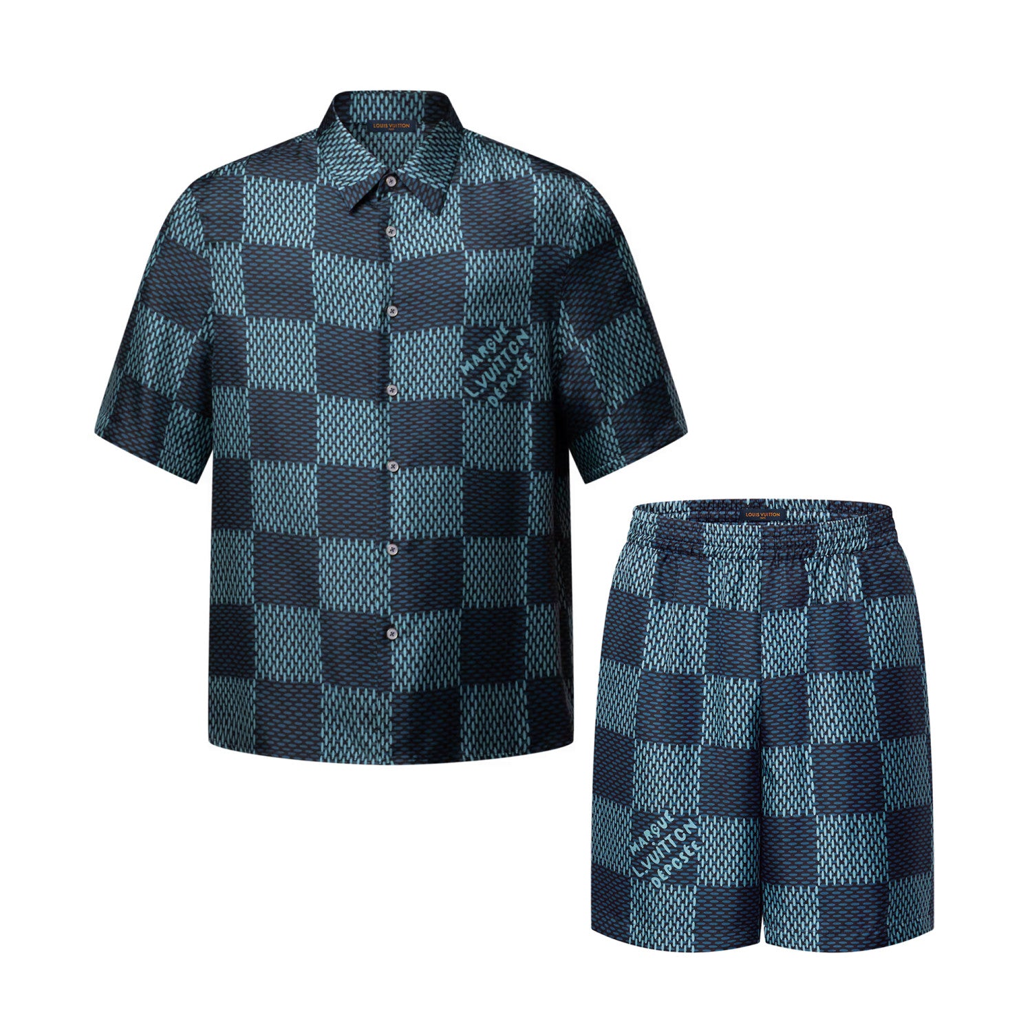 Louis Vuitton Men's Summer Solid Color Checkered Print Single-Breasted Short-Sleeved Shirt and Casual Shorts Set Suit #77177