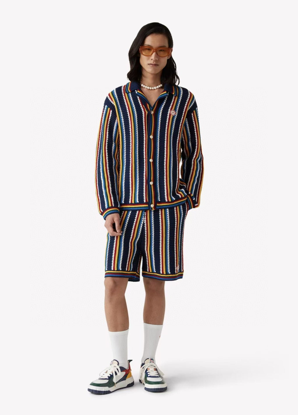 Casablanca Men's Spring And Summer Vertical Stripes Printed Single Breasted Long Sleeved Knitted Shirt Drawstring Tie Casual Knitted Shorts Suit Set #76349