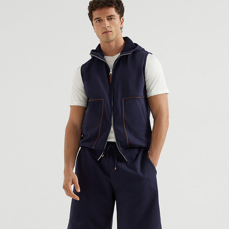 Brunello Cucinelli Men's Hooded Two-Way Zipper Spring & Autumn Solid Color Cotton Sleeveless Waistcoat Vest Ngvp #1765