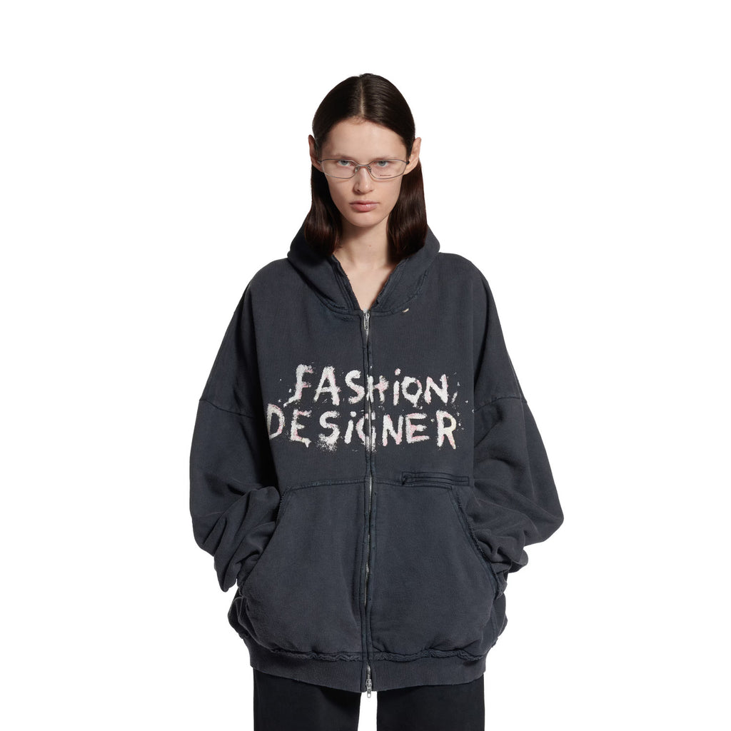 Balenciaga ﻿Men's And Women's Retro High Street Fashion Designer Pulled Zipper Large Fit Hoodie With Letter Print Faded Black Sweatshirt Ngvp #2285