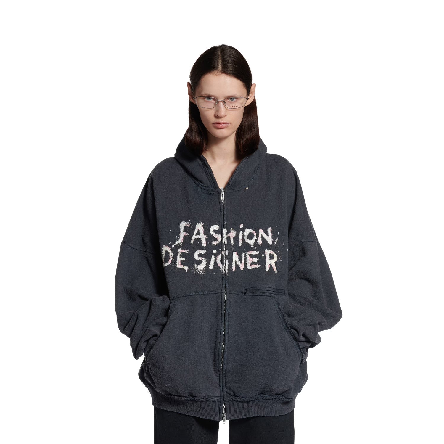 Balenciaga ﻿Men's And Women's Retro High Street Fashion Designer Pulled Zipper Large Fit Hoodie With Letter Print Faded Black Sweatshirt Ngvp #2285
