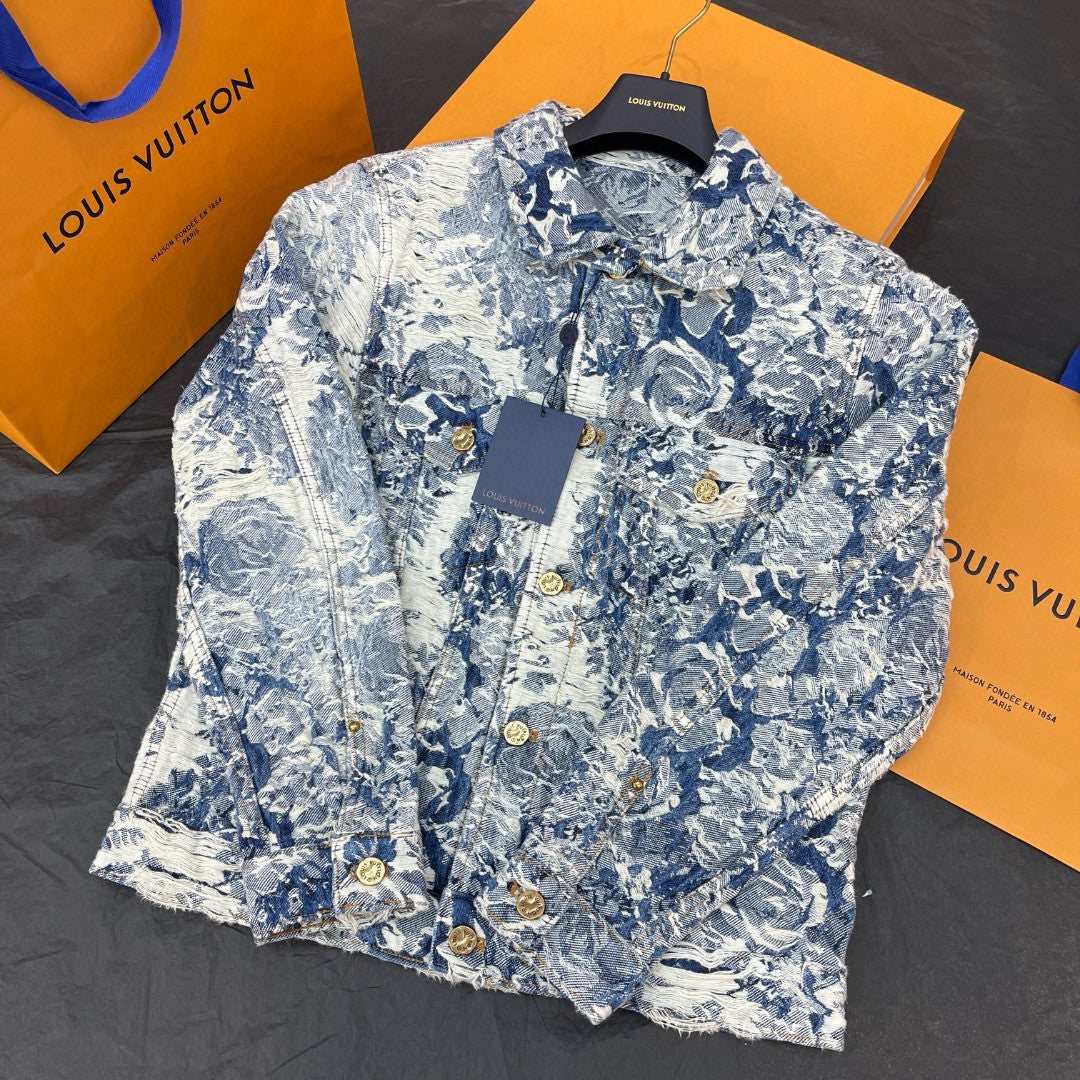Louis Vuitton Men's Women's Spring And Autumn Cotton Denim Jacquard Embroidered Flower Denim Jacket Lapel Casual Jacket #99381