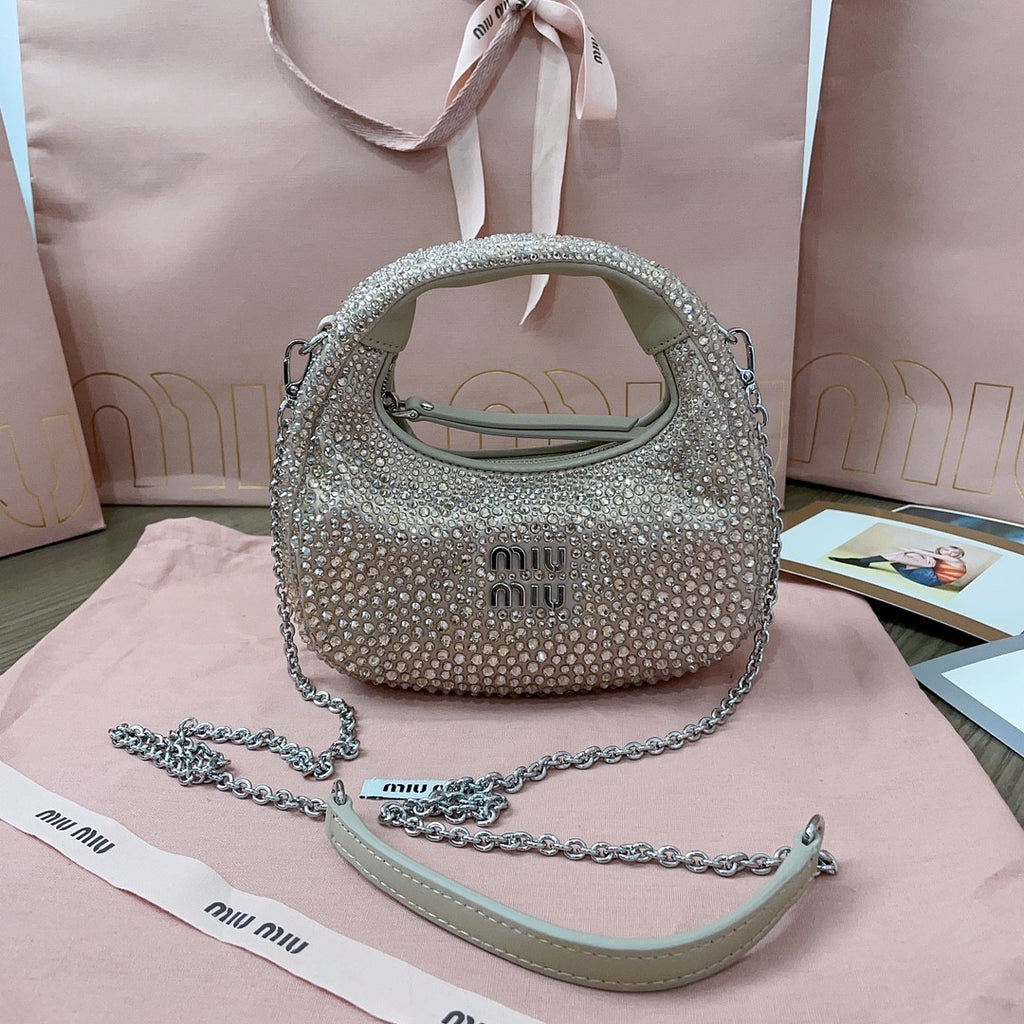 MiuMiu Wander Women's Metal Engraved Logo Detachable Chain Shoulder Strap Faux Crystal Embellished Shoulder Slanting Handbag Bag Bags #76744