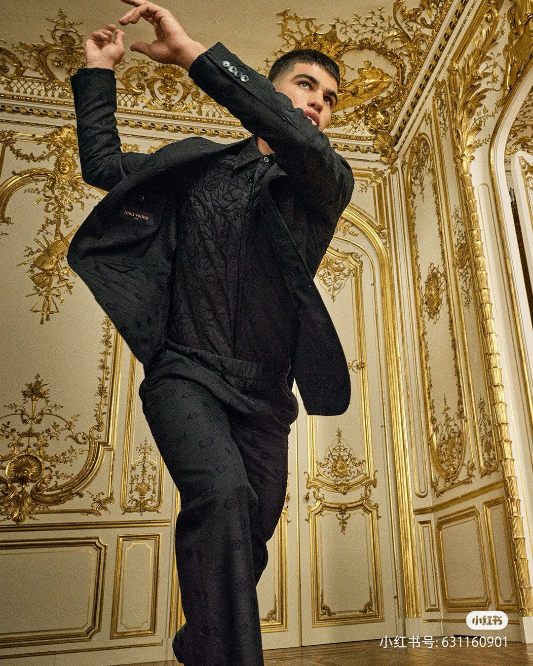 Louis Vuitton Men's Black Full Logo Printed Single Breasted Cotton Long Sleeve Jacket Coat Blazer Pants Suit Set #98784