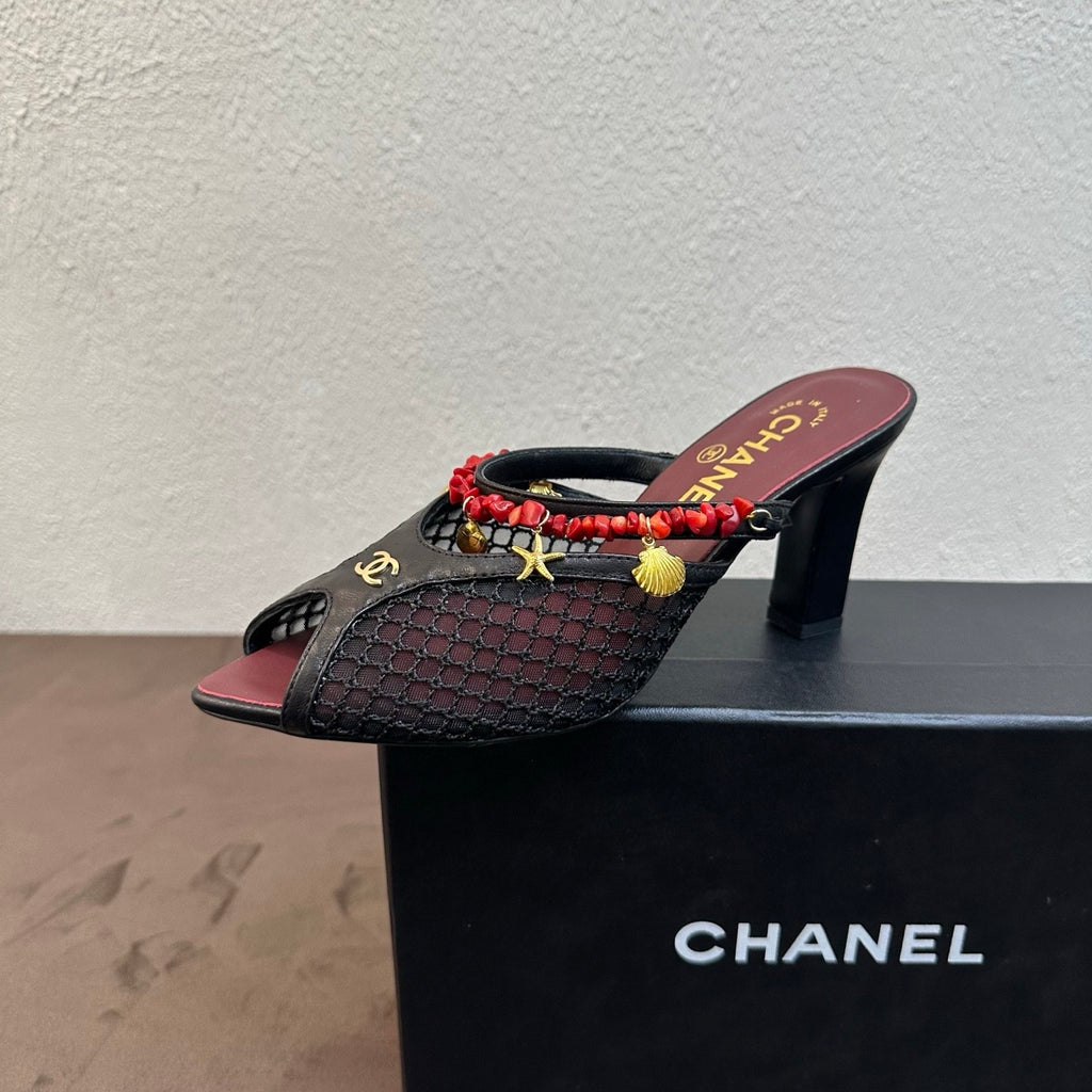CHANEL Mules Mesh Cotton Lambskin Resin Metal Black #382390