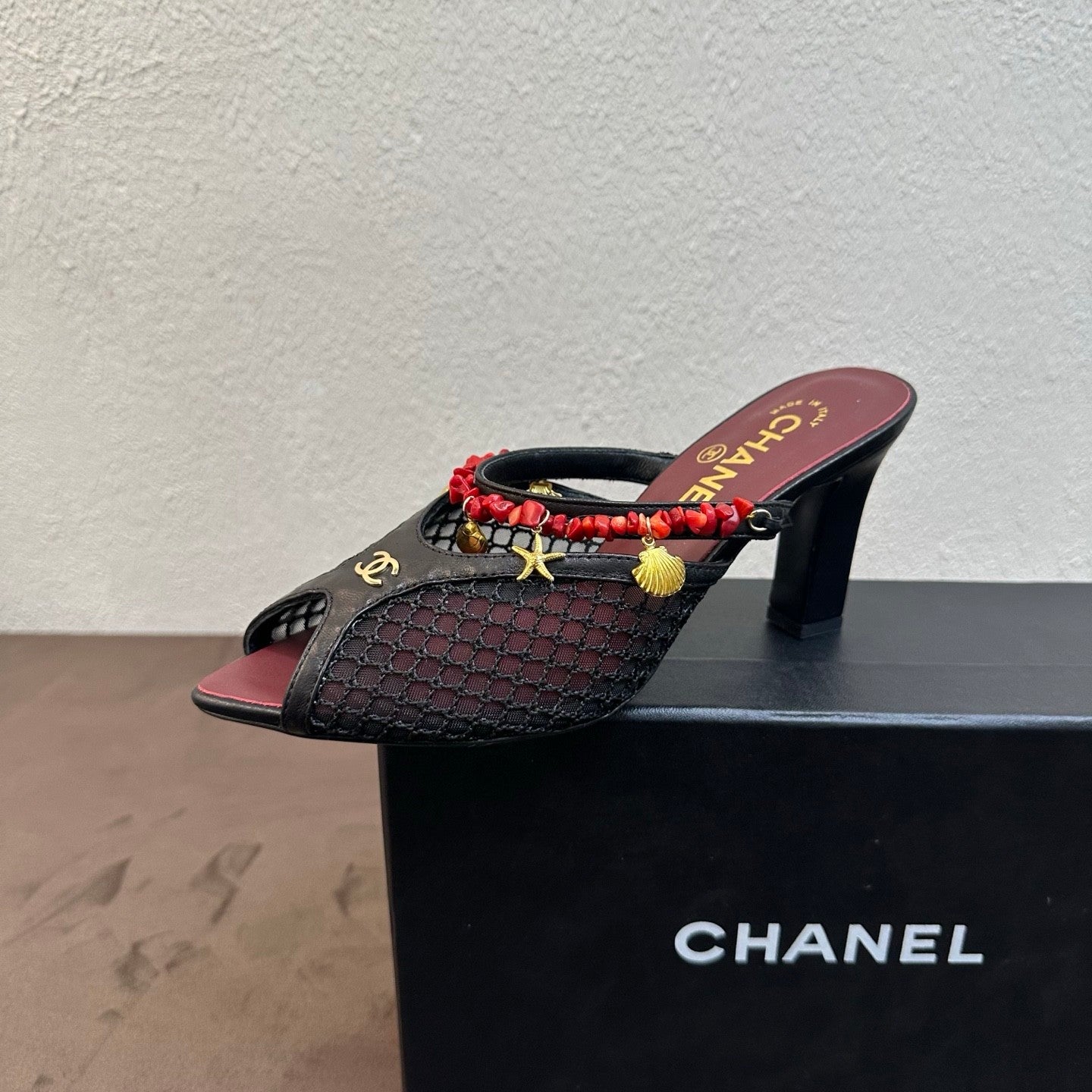 CHANEL Mules Mesh Cotton Lambskin Resin Metal Black #382390