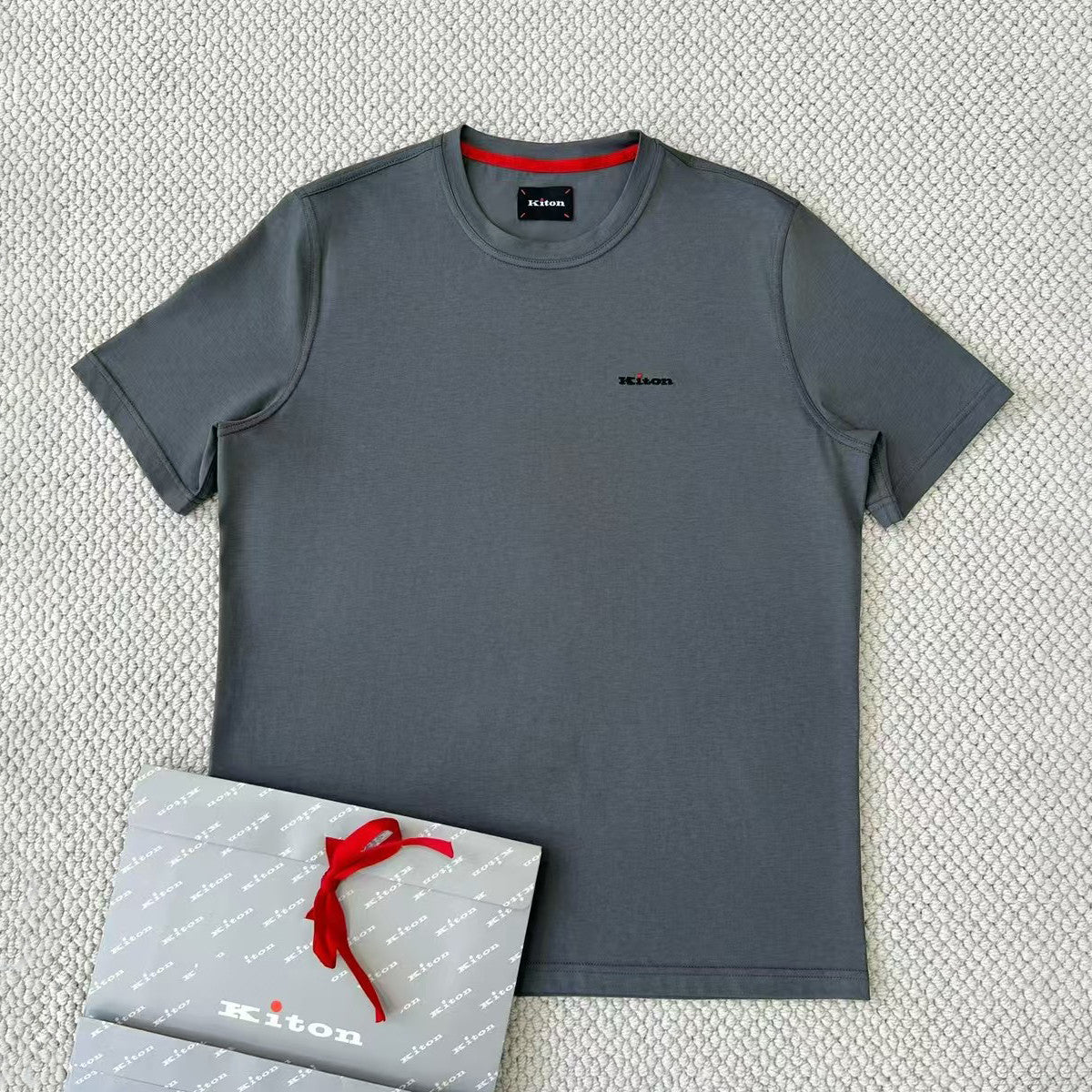 Kiton Men's Summer Solid Color Embroidered Letter Print Round Neck Short Sleeve T-Shirt #75729