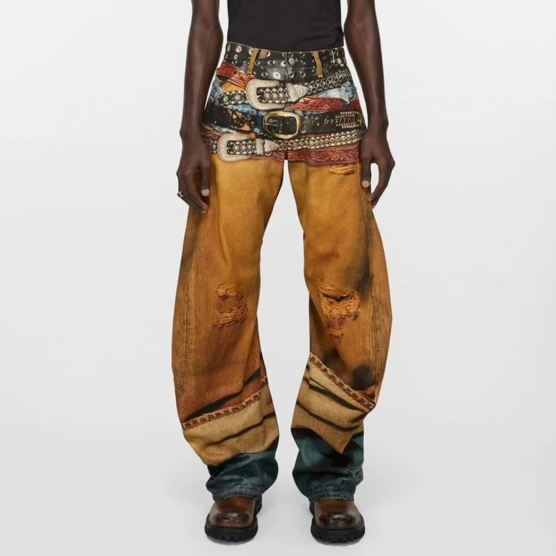 Acne Studios Men's Four Seasons Cotton Low Rise 3D Printed Casual Loose Denim Pants Ngvp #9892