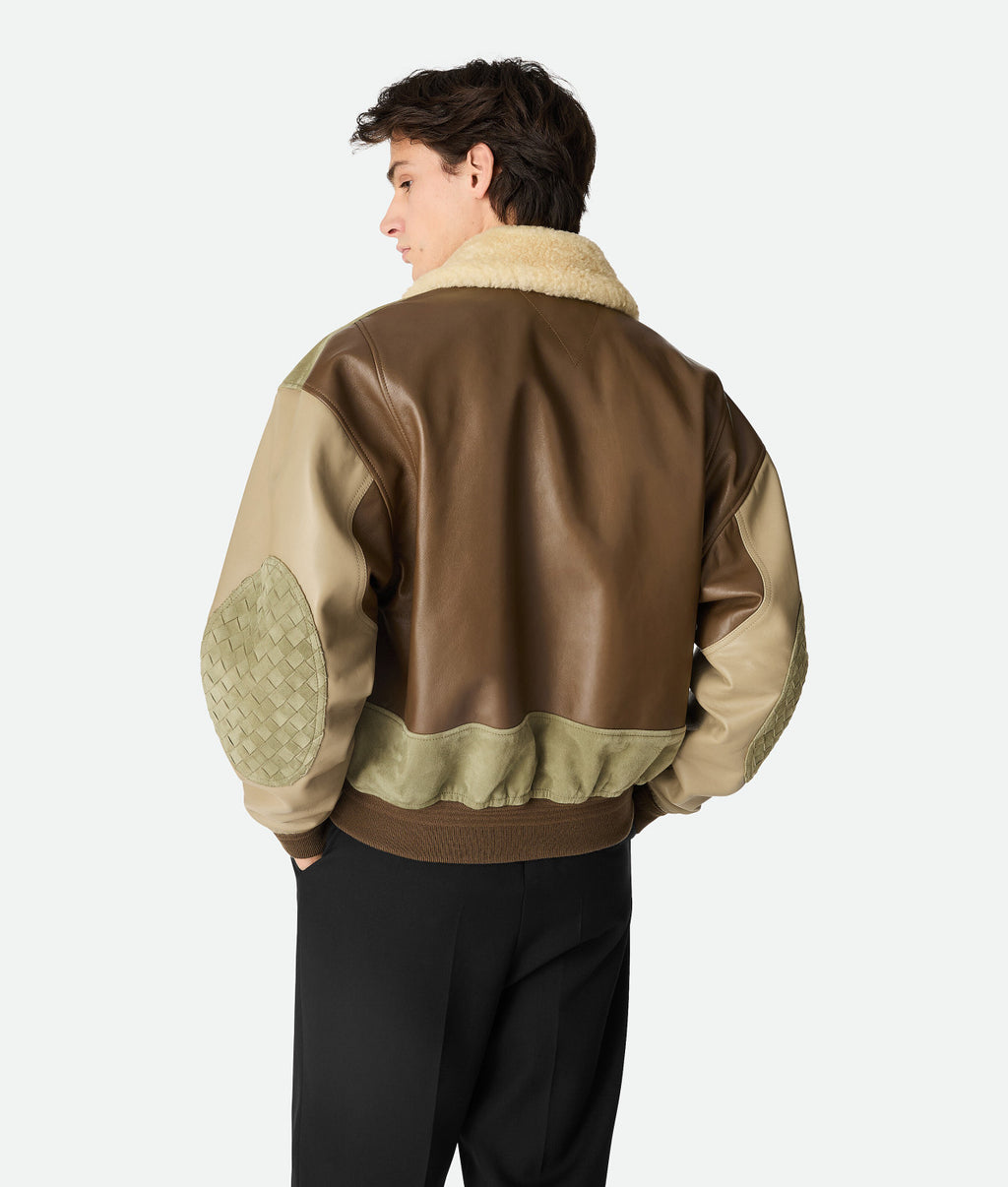 Bottega Veneta Men's Soft Leather Removable Lambswool Collar Spring And Autumn Color-Block Zipper Long-Sleeved Nappa Blouson Leather Jacket Ngvp #2126