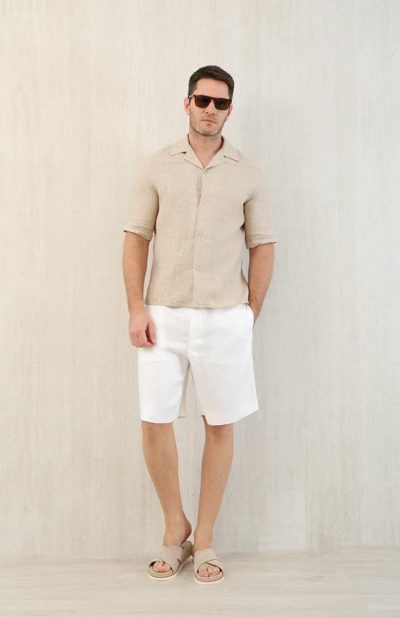 Brunello Cucinelli Men's Linen Loose Summer Single-Breasted Solid Color Lapel Short Sleeve Shirt Ngvp #1454