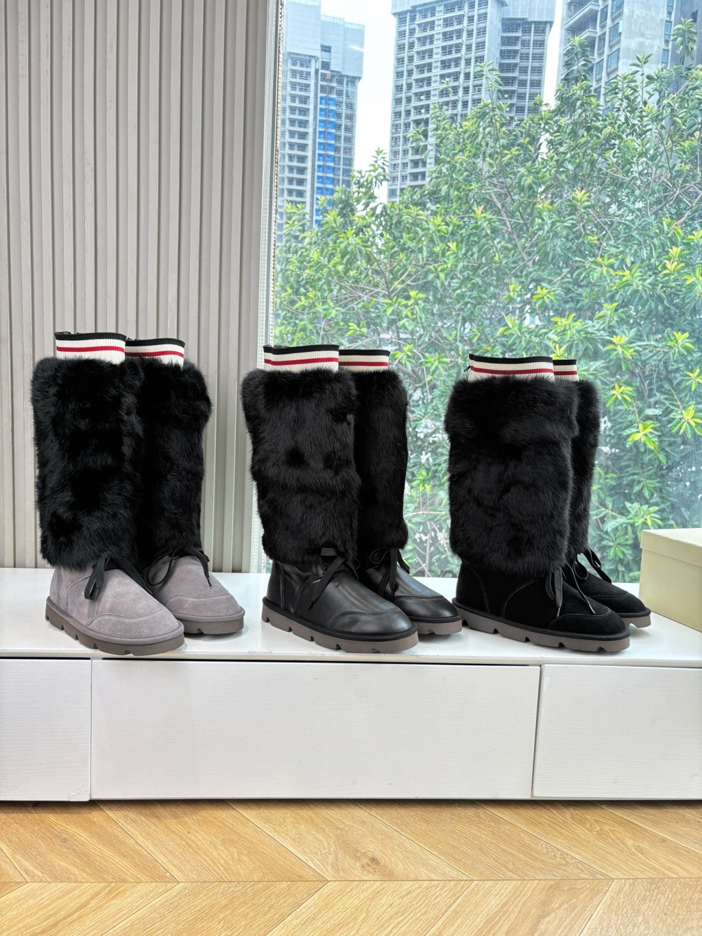 Brunello Cucinelli Women's Fall/Winter Suede Cowhide Rabbit Fur Round-Toe Zipper Lined Lamb Wool High-Top Boots Casual Solid-Color Snow Boots Shoes #81588