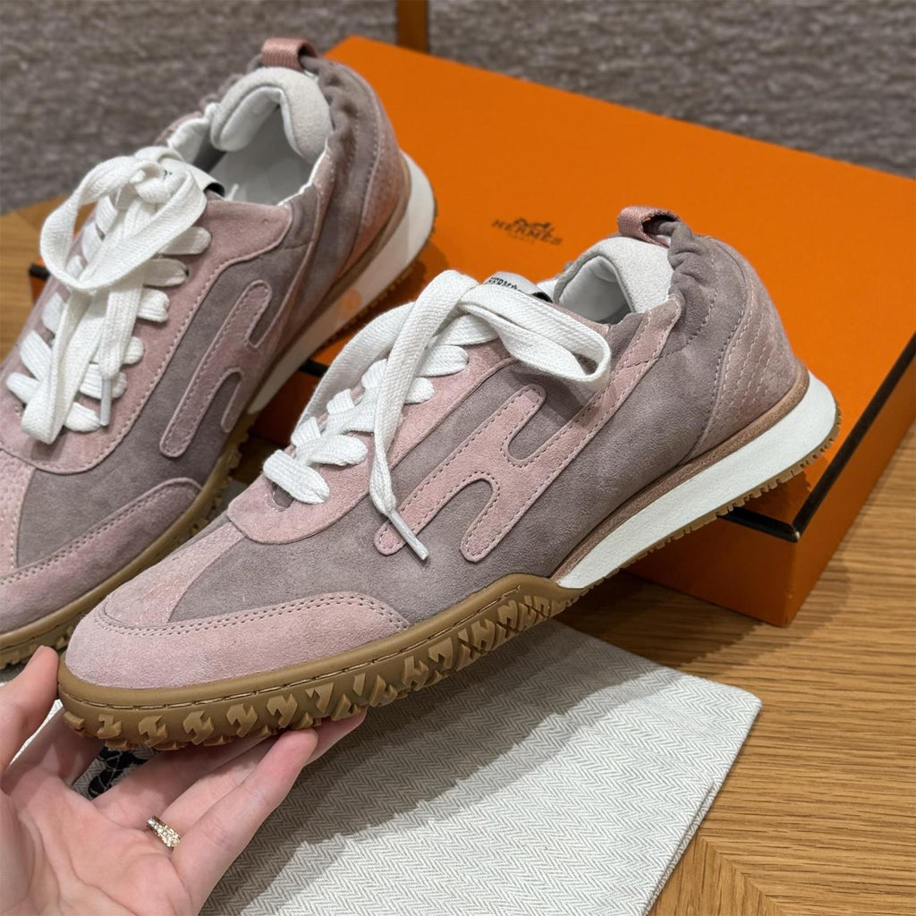 Hermes Jet Women's Four-Season Color-Blocked Suede Fabric Rubber Sole Low-Top Lace-Up Sneakers Shoes #77573