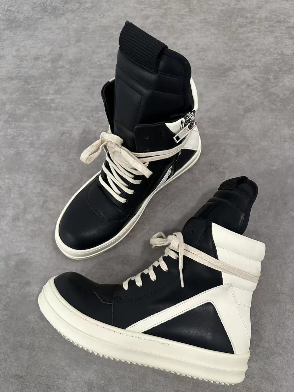 Rick Owens Men's Spring/Fall Fashion Casual Round Toe Lace Up Leather Zipper Thick Sole High Top Sneakers Shoes #78569