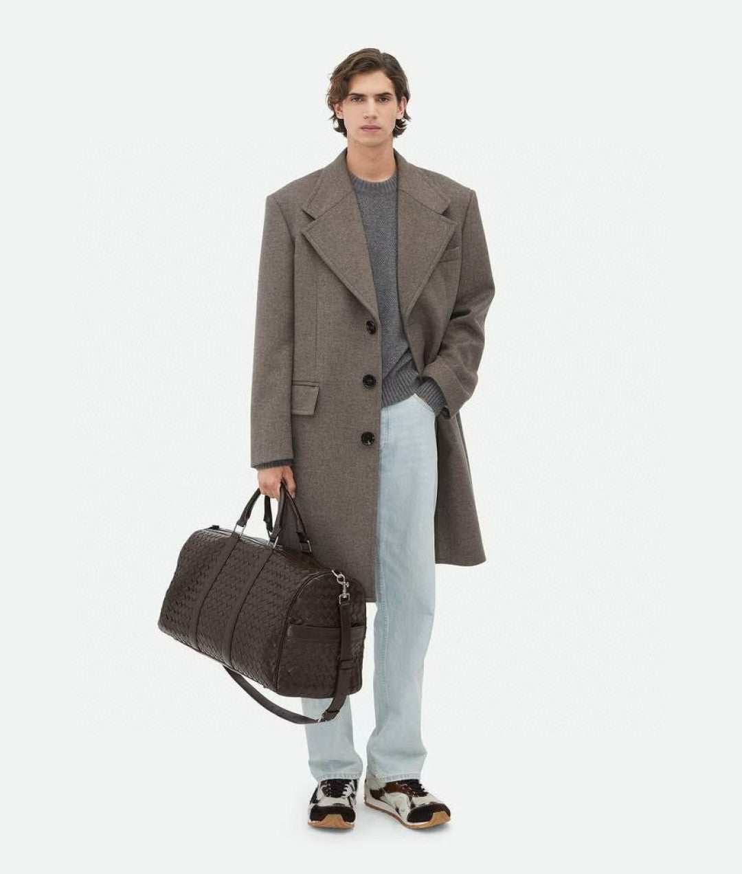 Bottega Veneta Intrecciato Men's Solid Color Adjustable Detachable Shoulder Strap Woven Calfskin Travel Bag #77472