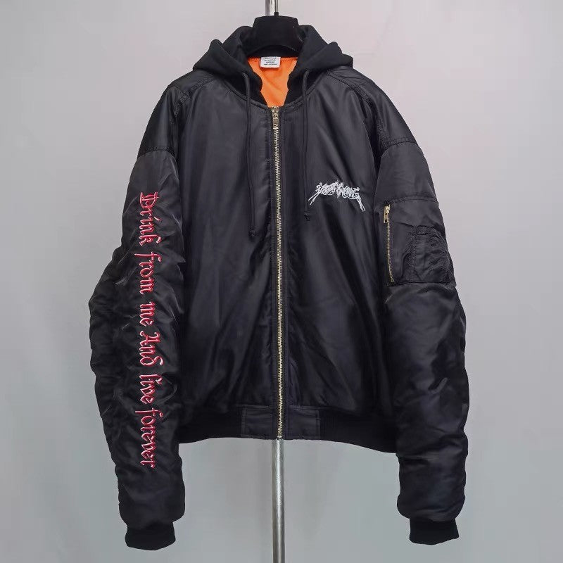 Vetements Men's Fall And Winter Black Embroidered Cotton Long Sleeve Loose Down Jacket Ngvp #6926