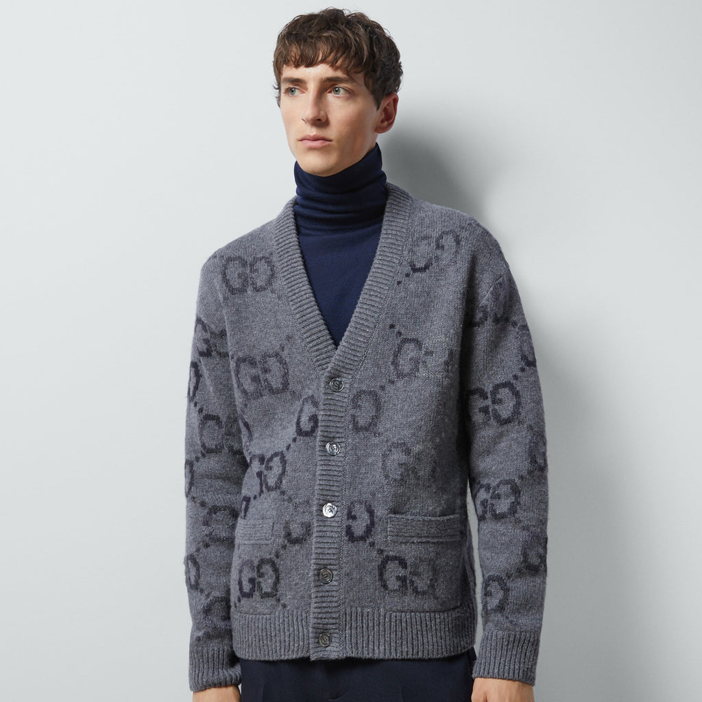 Gucci Men's Spring and Autumn Grey Pattern Appliquéd Single Breasted V-neck long Sleeved Knit Wool Cardigan With GG Intarsia #97794