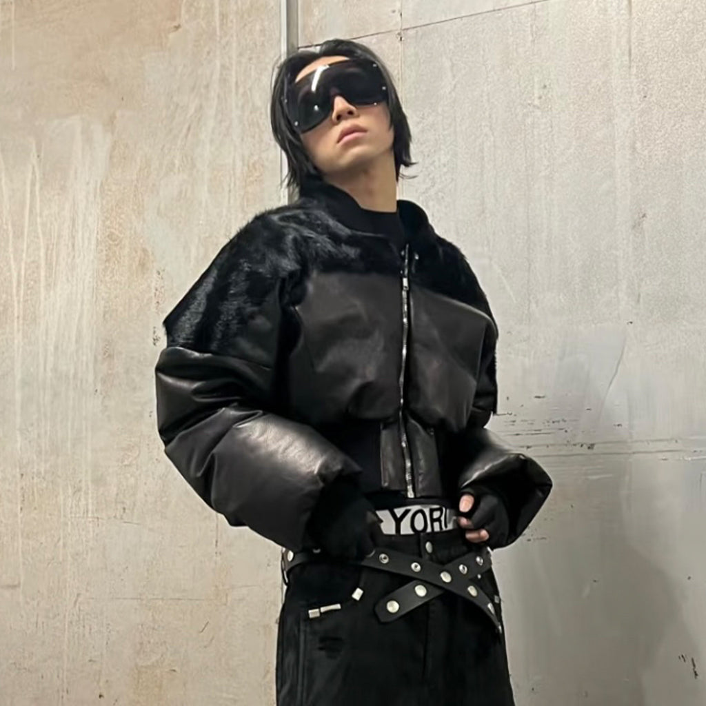 Rick Owens Men's Autumn And Winter Fur Splicing Leather Down Jacket Dark Style Fashion High Street Hip Hop Zip Short Jacket  Ngvp #9825