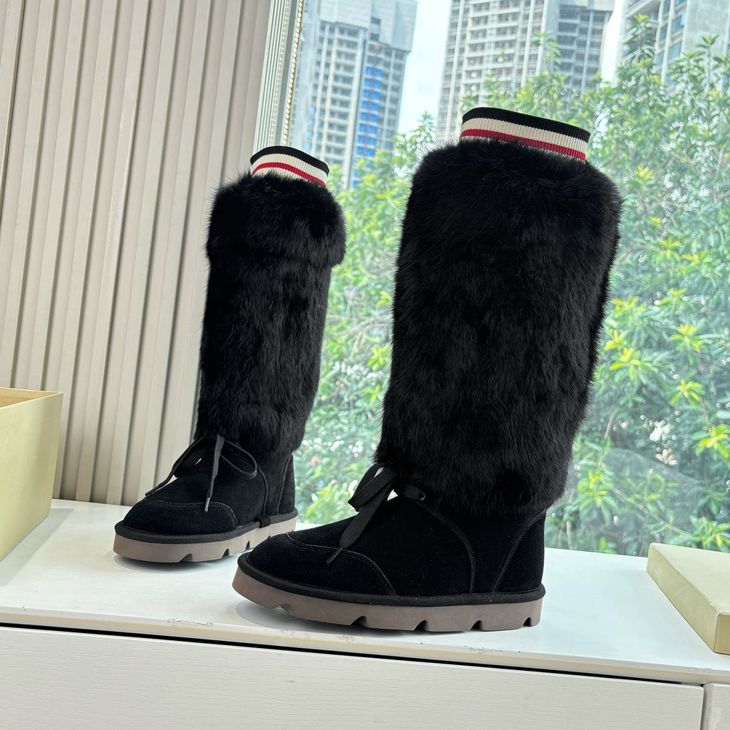Brunello Cucinelli Women's Fall/Winter Suede Cowhide Rabbit Fur Round-Toe Zipper Lined Lamb Wool High-Top Boots Casual Solid-Color Snow Boots Shoes #81588